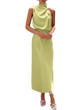 Women's Summer Satin Dress Tender Green Sleeveless Mock Neck Cocktail Maxi Dress